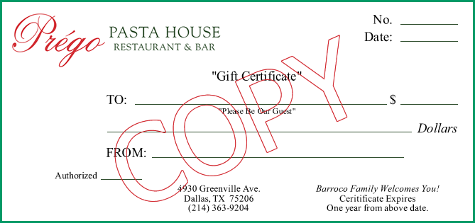 Prego Pasta House gift certificate